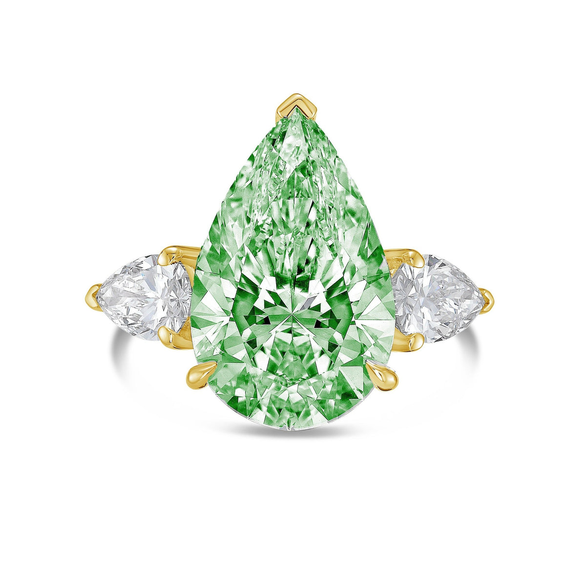 Lab-Grown Green Three-Stone Pear Diamond Engagement Ring in 14K Yellow Gold