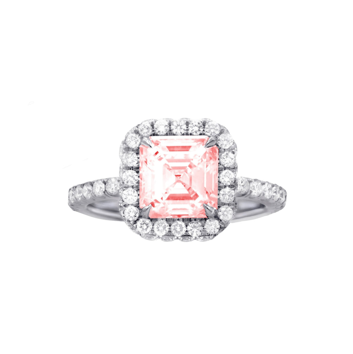 Lab-Grown Pink Asscher Diamond Halo Ring with Micropavé Band in 14K White Gold