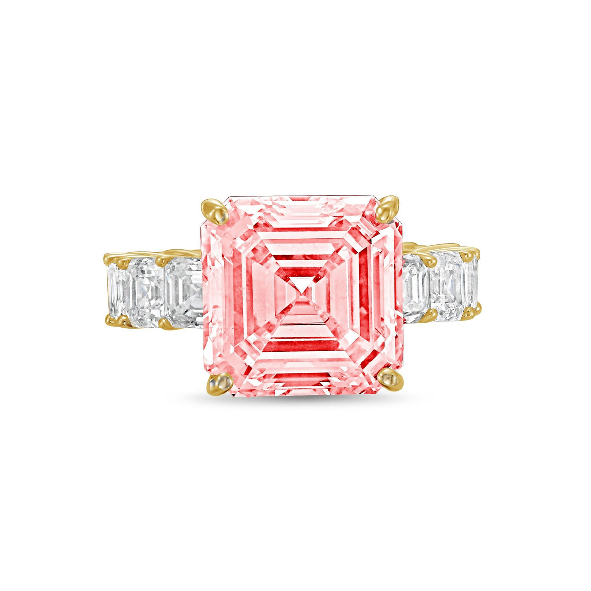 Lab-Grown Pink Asscher Diamond Ring with Asscher Eternity Band in 14K Yellow Gold
