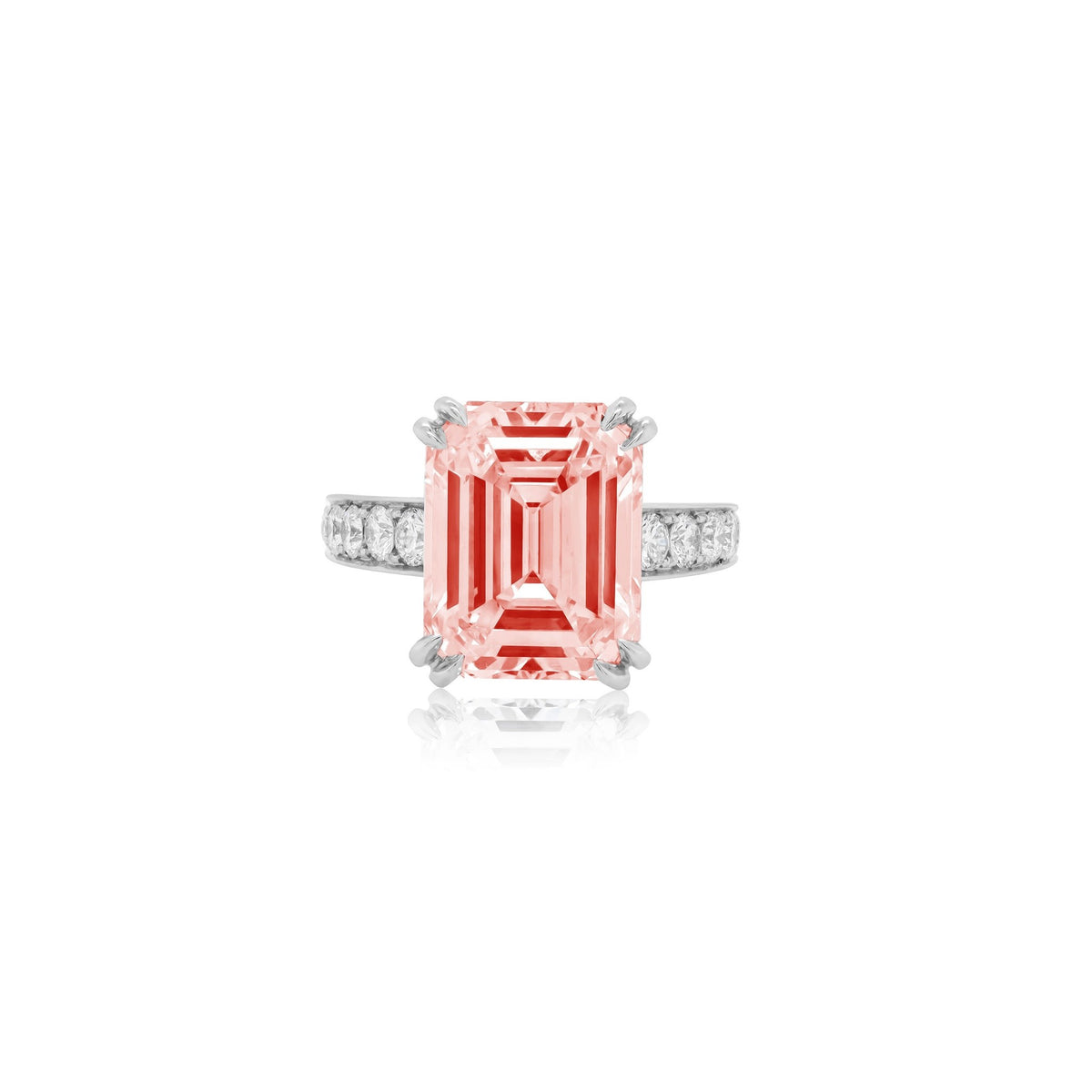 Lab-Grown Pink Emerald Cut Diamond Engagement Ring with Diamond Accented Band in 14K White Gold