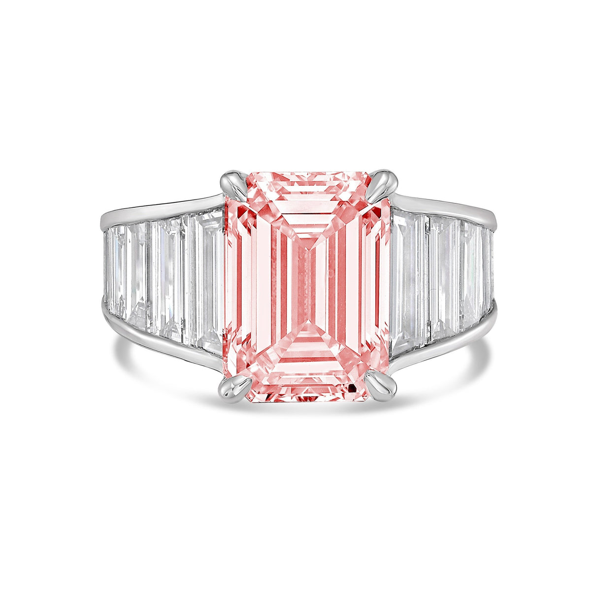 Lab-Grown Pink Emerald Cut Diamond Ring with Baguette Side Stones in 14K White Gold