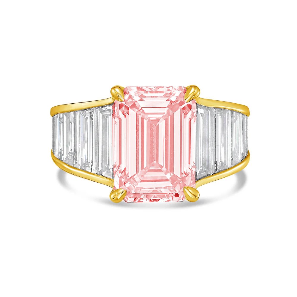 Lab-Grown Pink Emerald Cut Diamond Ring with Baguette Side Stones in 14K Yellow Gold