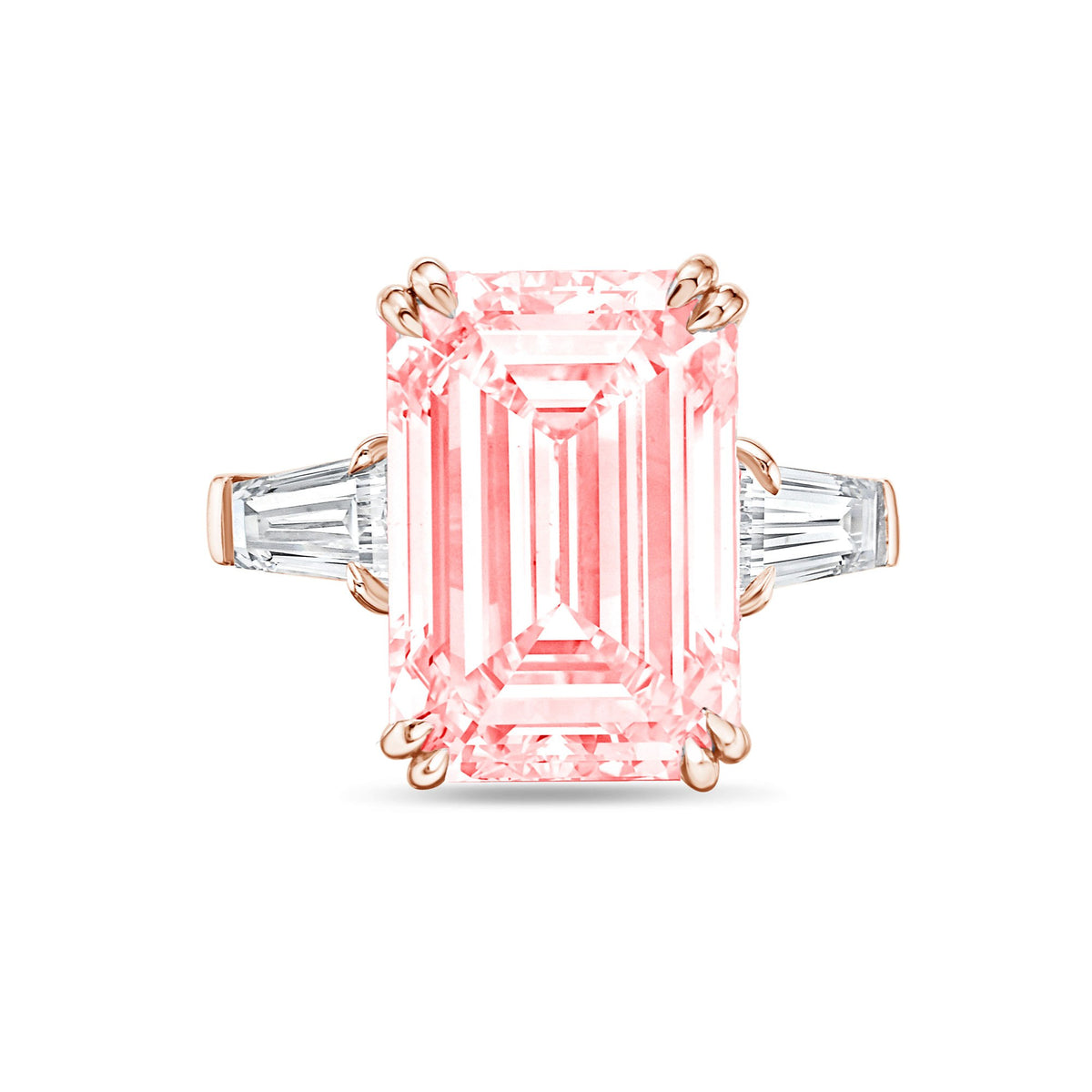 Lab-Grown Pink Emerald Cut Diamond Ring with Baguettes, Double Claw in 14K Rose Gold