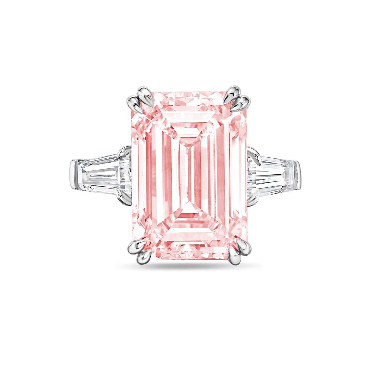 Lab-Grown Pink Emerald Cut Diamond Ring with Baguettes, Double Claw in 14K White Gold