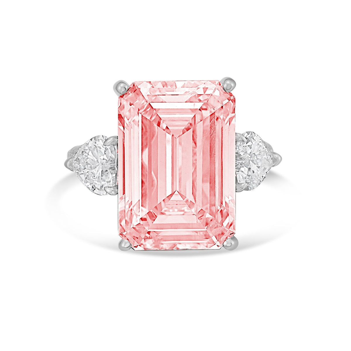 Lab-Grown Pink Emerald Cut Diamond Ring with Heart Sides and Pavé Band in 14K White Gold