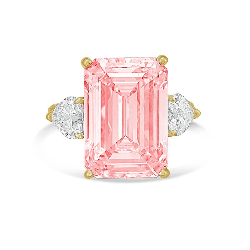 Lab-Grown Pink Emerald Cut Diamond Ring with Heart Sides and Pavé Band in 14K Yellow Gold