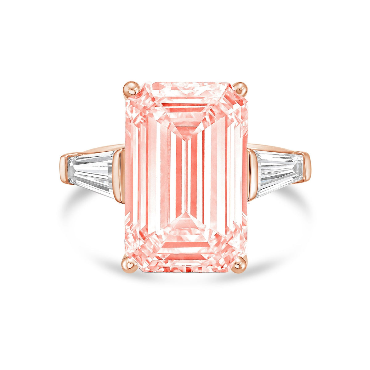 Lab-Grown Pink Emerald Cut Diamond Ring with Long Baguettes in 14K Rose Gold