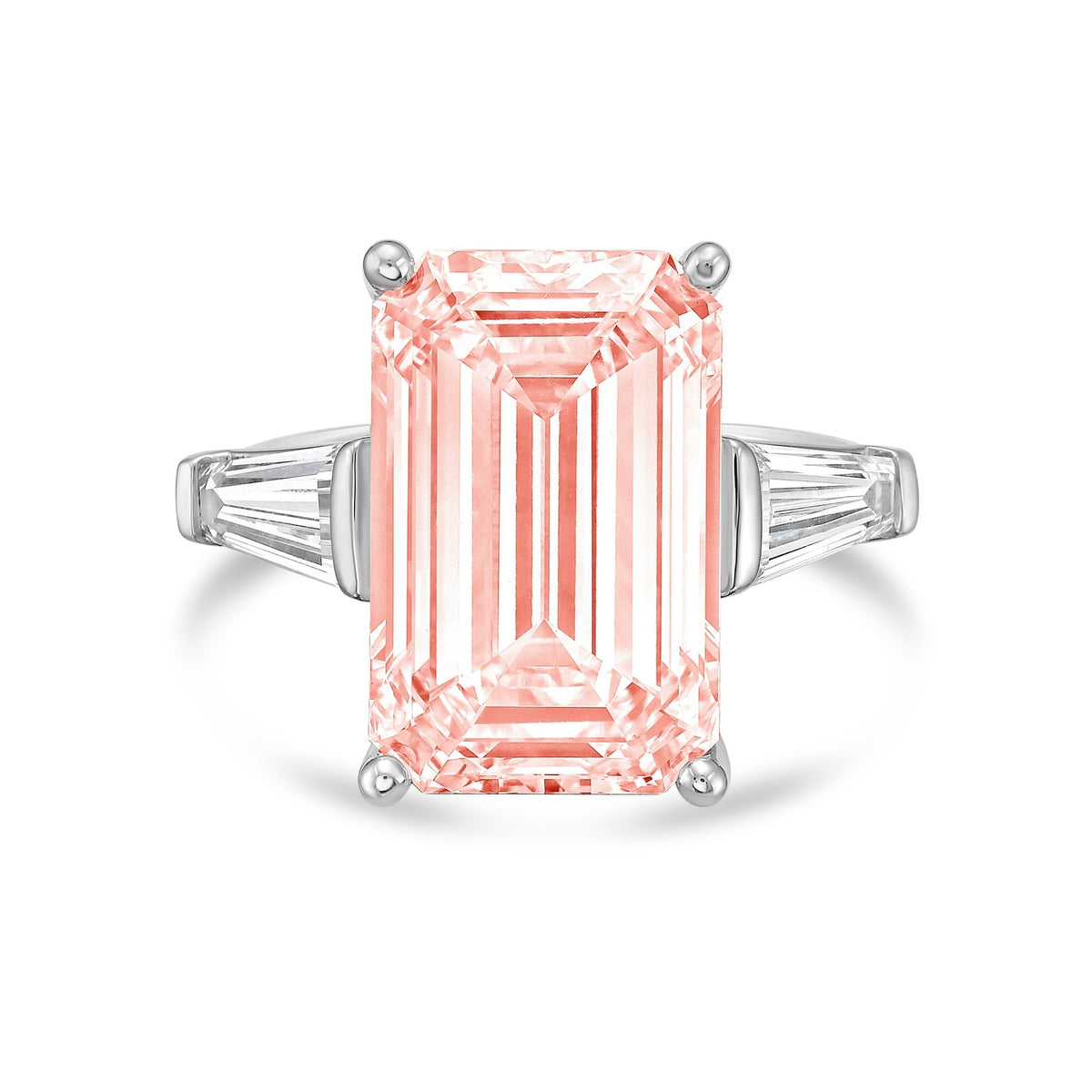Lab-Grown Pink Emerald Cut Diamond Ring with Long Baguettes in 14K White Gold