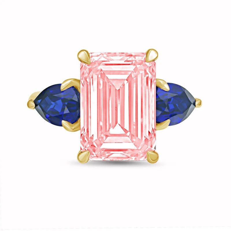 Lab-Grown Pink Emerald Cut Diamond Ring with Pear Sapphire Sides in 14K Yellow Gold