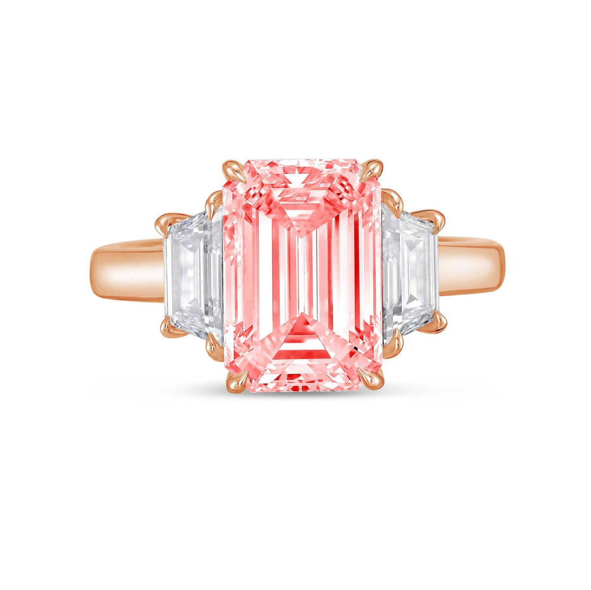 Lab-Grown Pink Emerald Cut Three-Stone Ring with Trapezoids in 14K Rose Gold