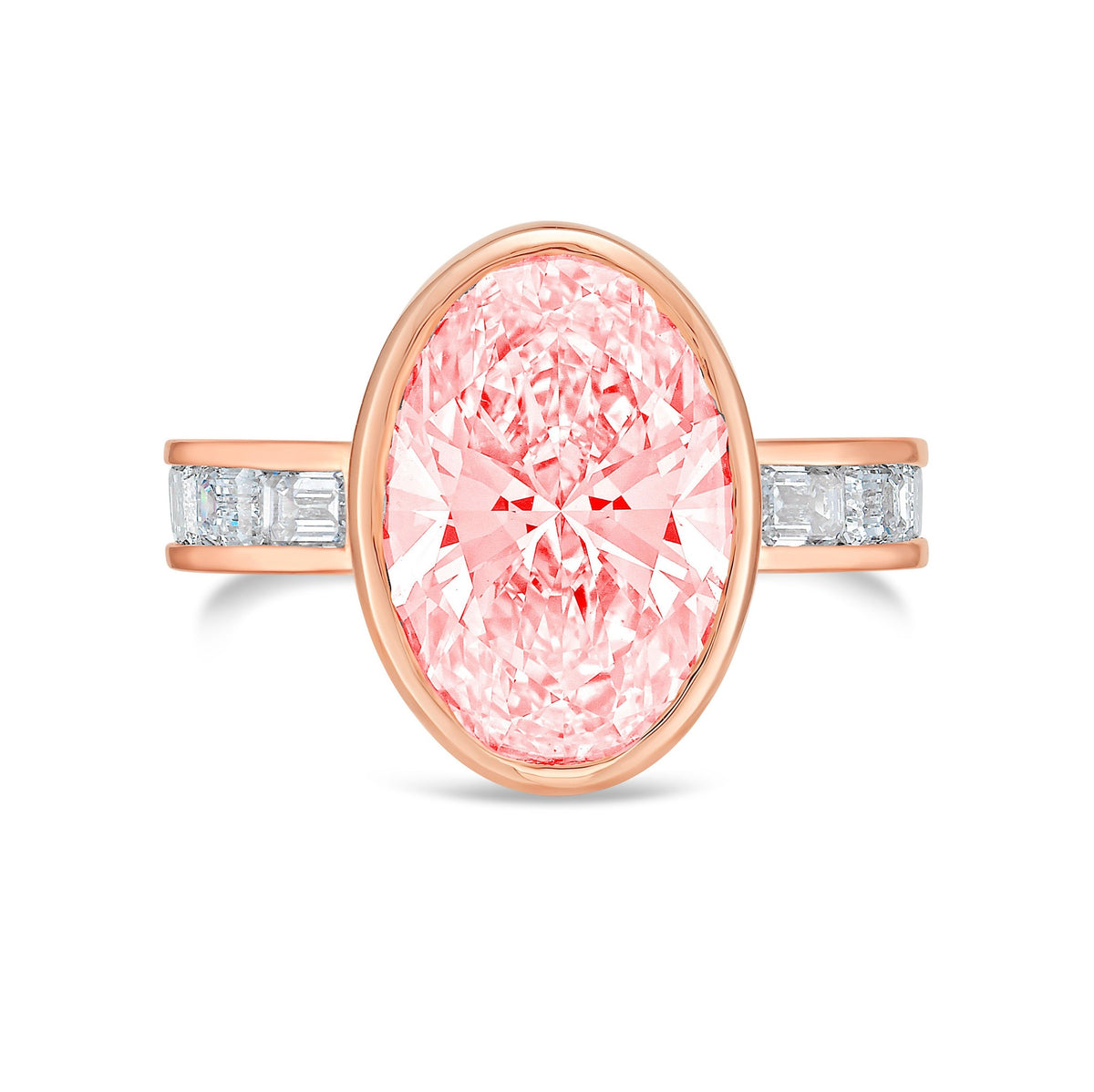 Lab-Grown Pink Oval Bezel Diamond Ring with Channel-Set Emerald Band in 14K Rose Gold