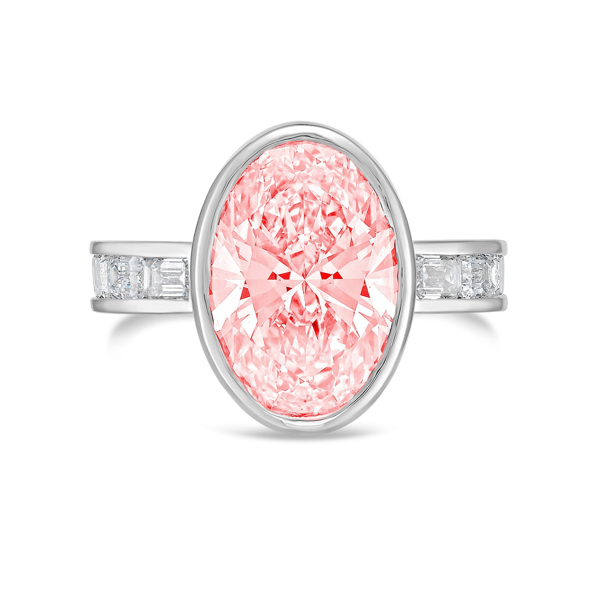 Lab-Grown Pink Oval Bezel Diamond Ring with Channel-Set Emerald Band in 14K White Gold