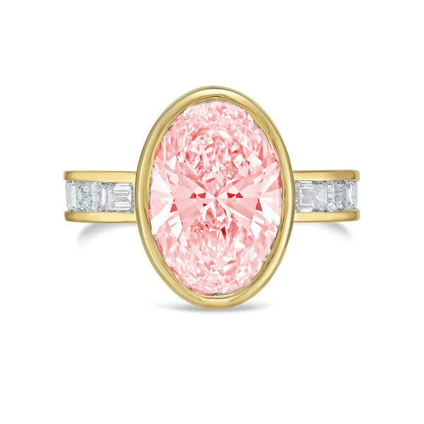 Lab-Grown Pink Oval Bezel Diamond Ring with Channel-Set Emerald Band in 14K Yellow Gold