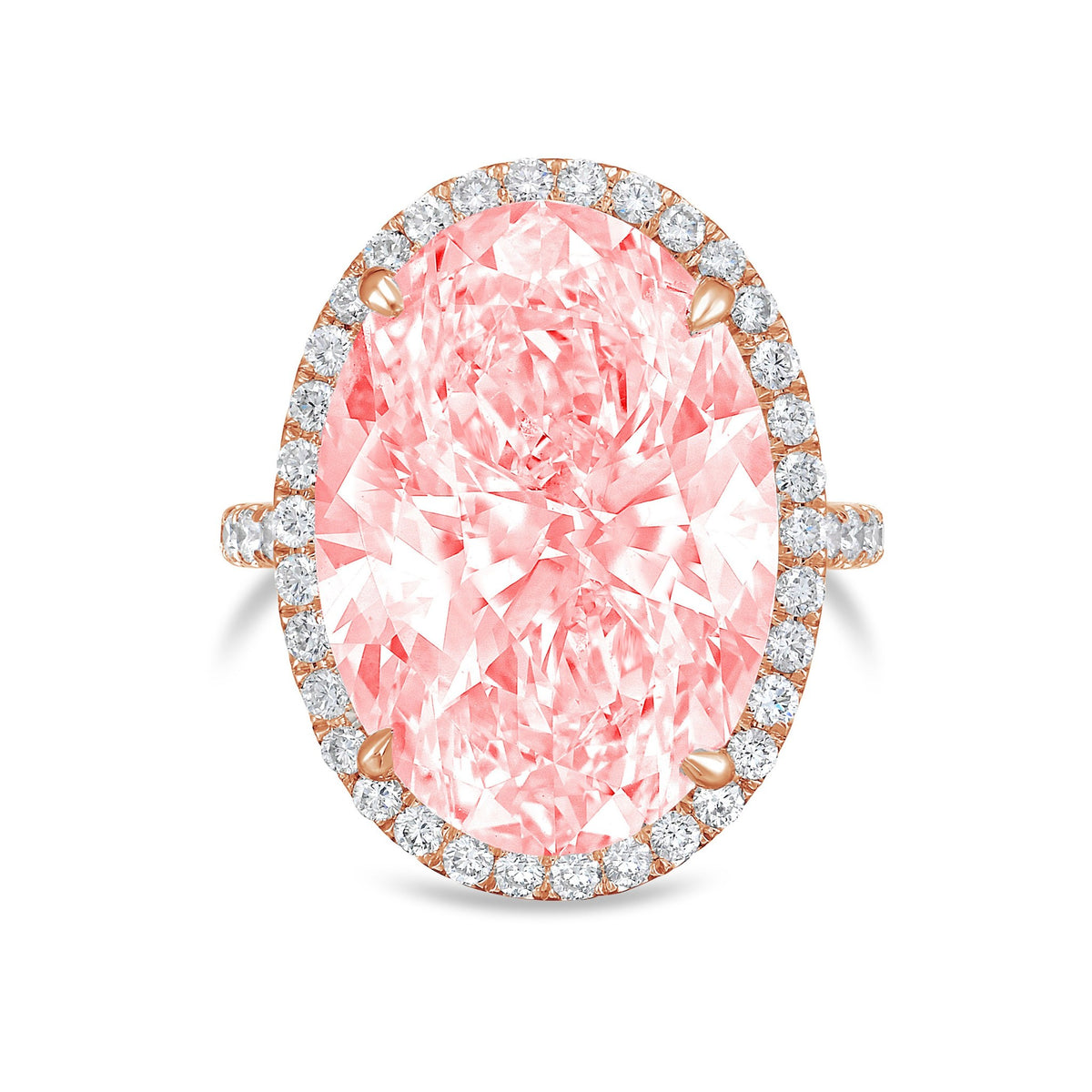 Lab-Grown Pink Oval Diamond Halo Ring with Micropavé Band in 14K Rose Gold