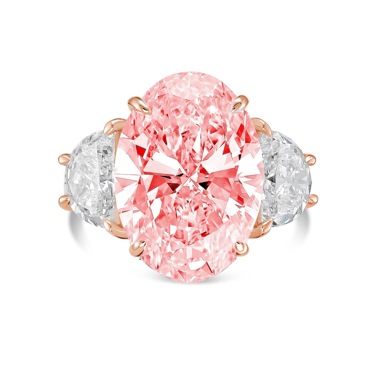 Lab-Grown Pink Oval Diamond Ring with Half Moon Sides in 14K Rose Gold