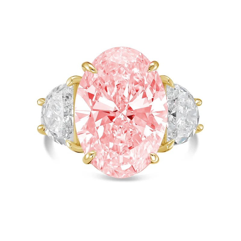 Lab-Grown Pink Oval Diamond Ring with Half Moon Sides in 14K Yellow Gold