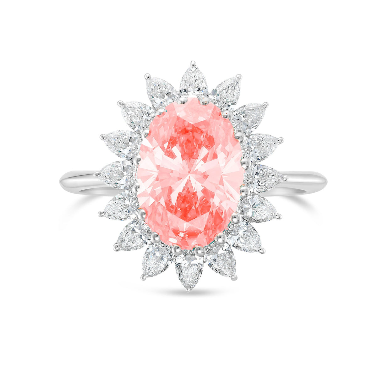 Lab-Grown Pink Oval Diamond Ring with Pear Diamond Halo in 14K White Gold