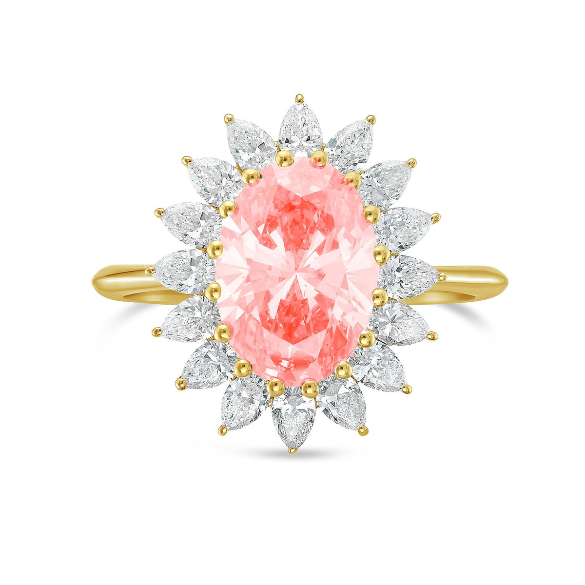 Lab-Grown Pink Oval Diamond Ring with Pear Diamond Halo in 14K Yellow Gold