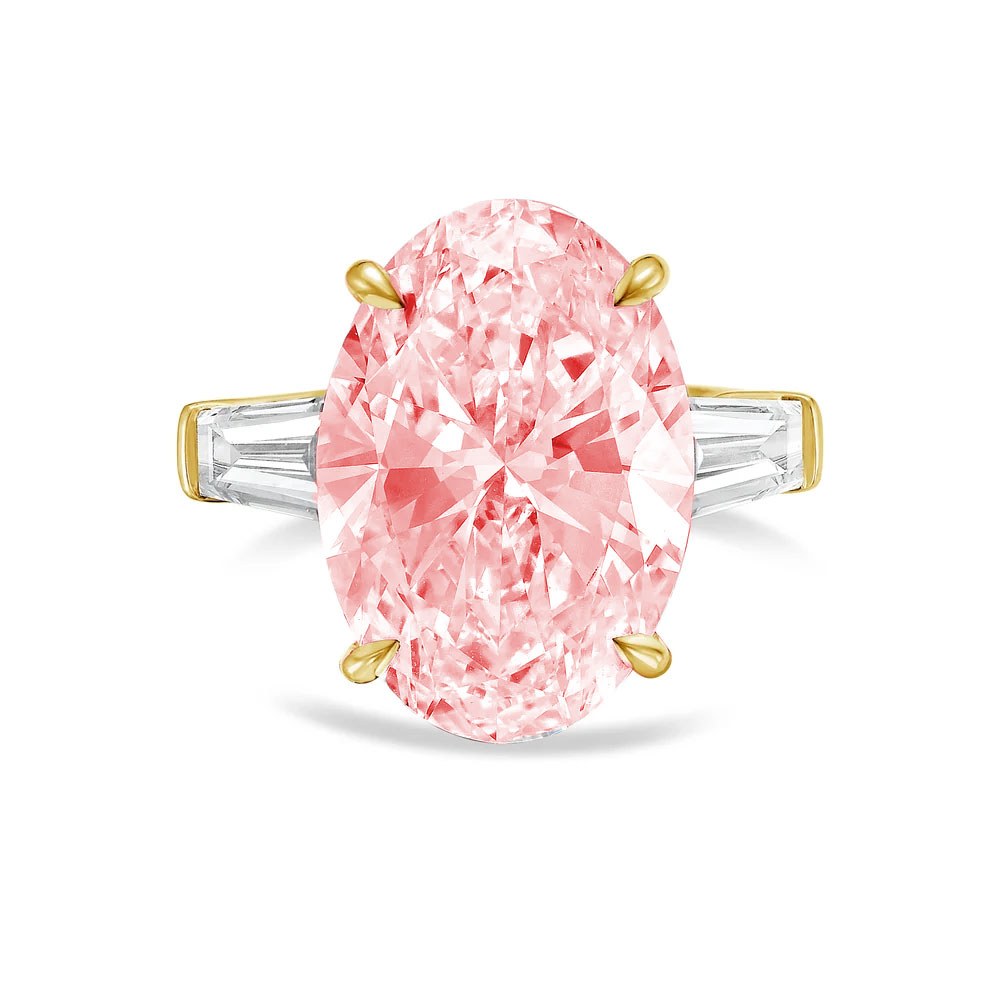 Lab-Grown Pink Oval Diamond Ring with Tapered Baguettes in 14K Yellow Gold