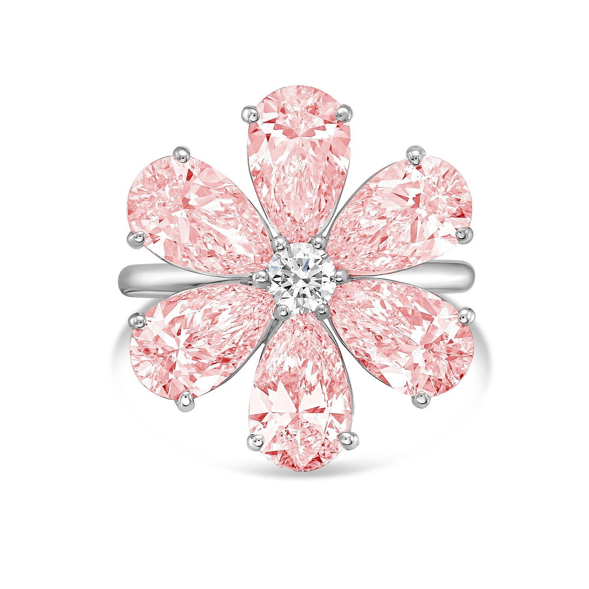 Lab-Grown Pink Pear Diamond Flower Ring in 14K White Gold