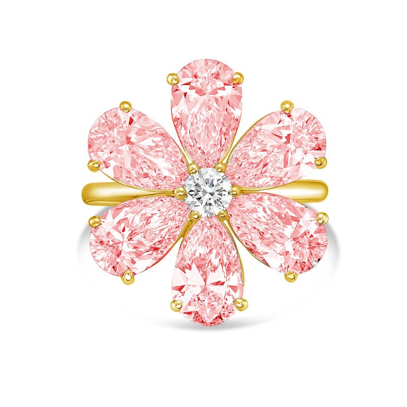 Lab-Grown Pink Pear Diamond Flower Ring in 14K Yellow Gold