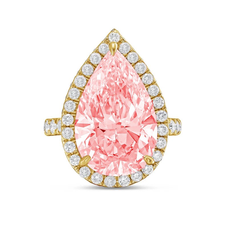Lab-Grown Pink Pear Diamond Halo Ring with Micropavé Band in 14K Yellow Gold