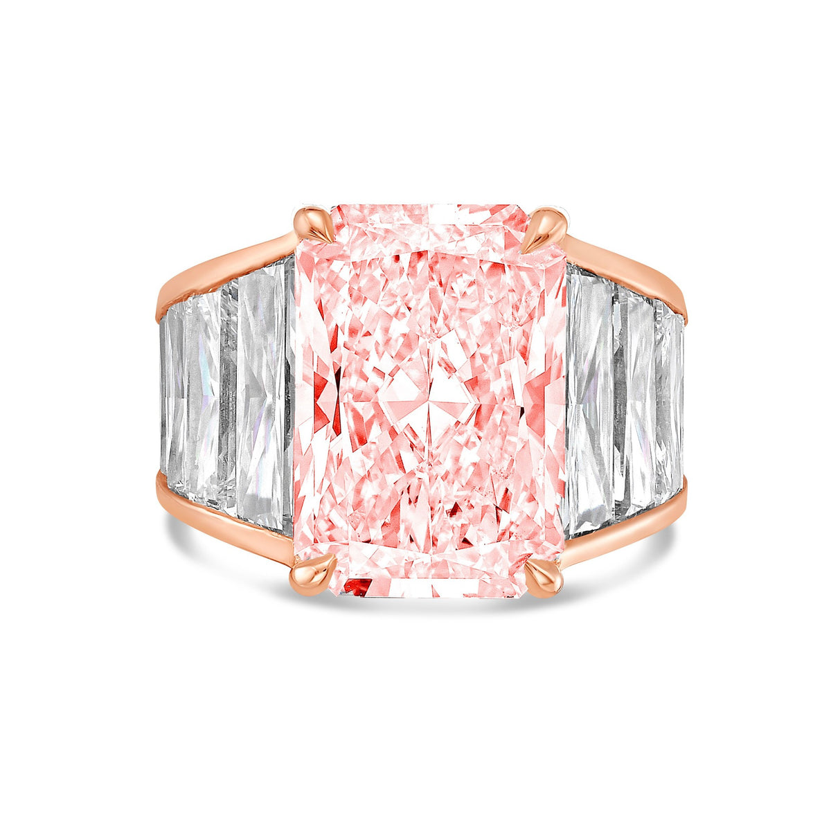 Lab-Grown Pink Radiant Cut Diamond Ring with Tapered Baguettes in 14K Rose Gold