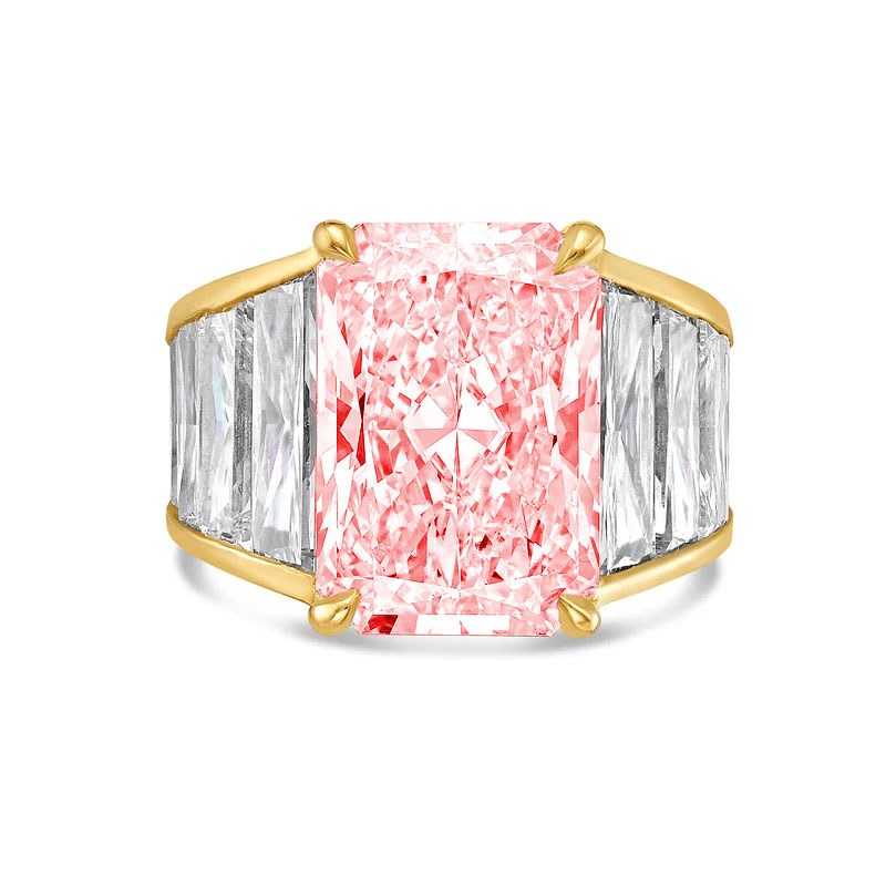 Lab-Grown Pink Radiant Cut Diamond Ring with Tapered Baguettes in 14K Yellow Gold