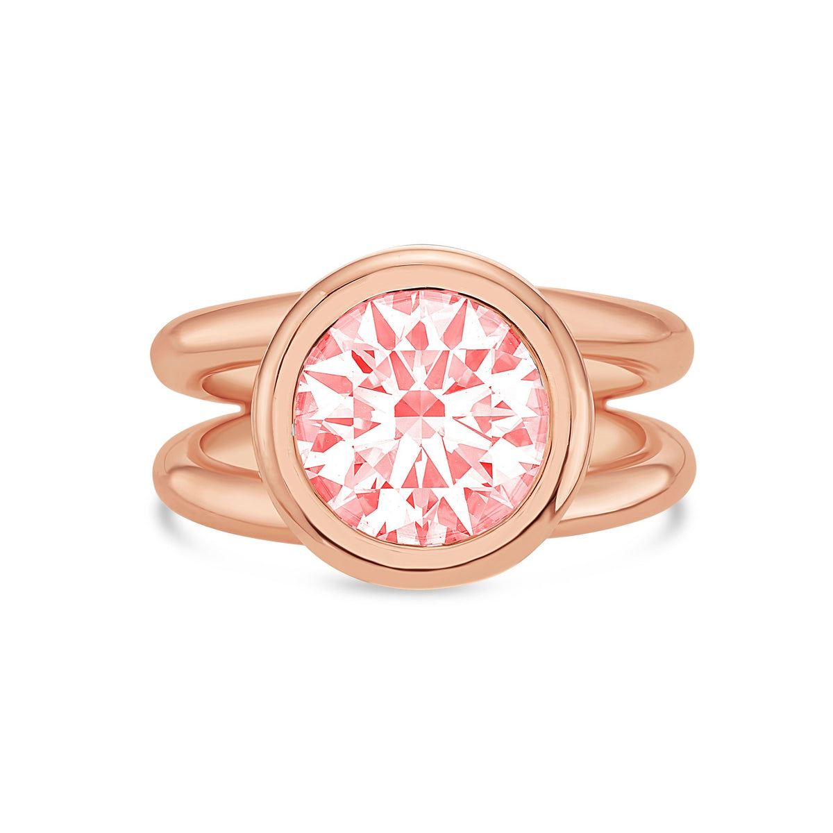 Lab-Grown Pink Round Diamond Bezel Ring with Split Shank in 14K Rose Gold