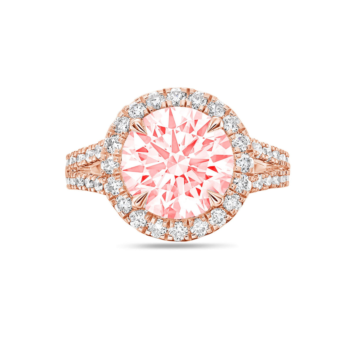 Lab-Grown Pink Round Diamond Halo Split Shank Engagement Ring in 14K Rose Gold