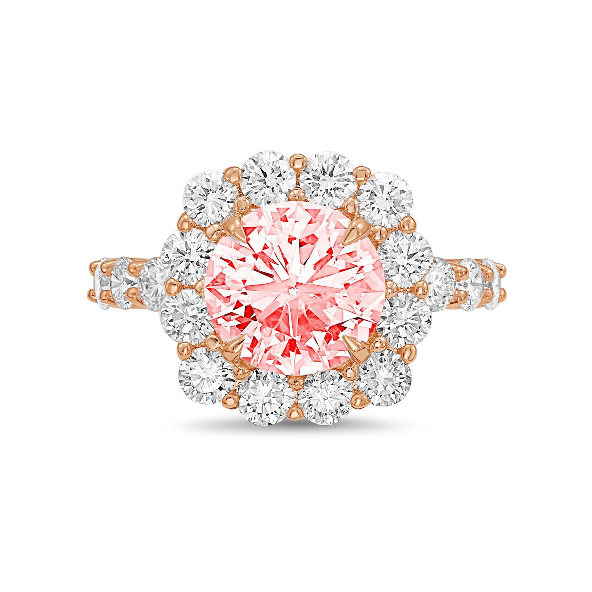 Lab-Grown Pink Round Diamond Ring with Accent Halo and Diamond Band in 14K Rose Gold