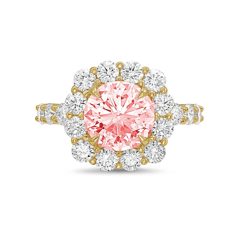 Lab-Grown Pink Round Diamond Ring with Accent Halo and Diamond Band in 14K Yellow Gold