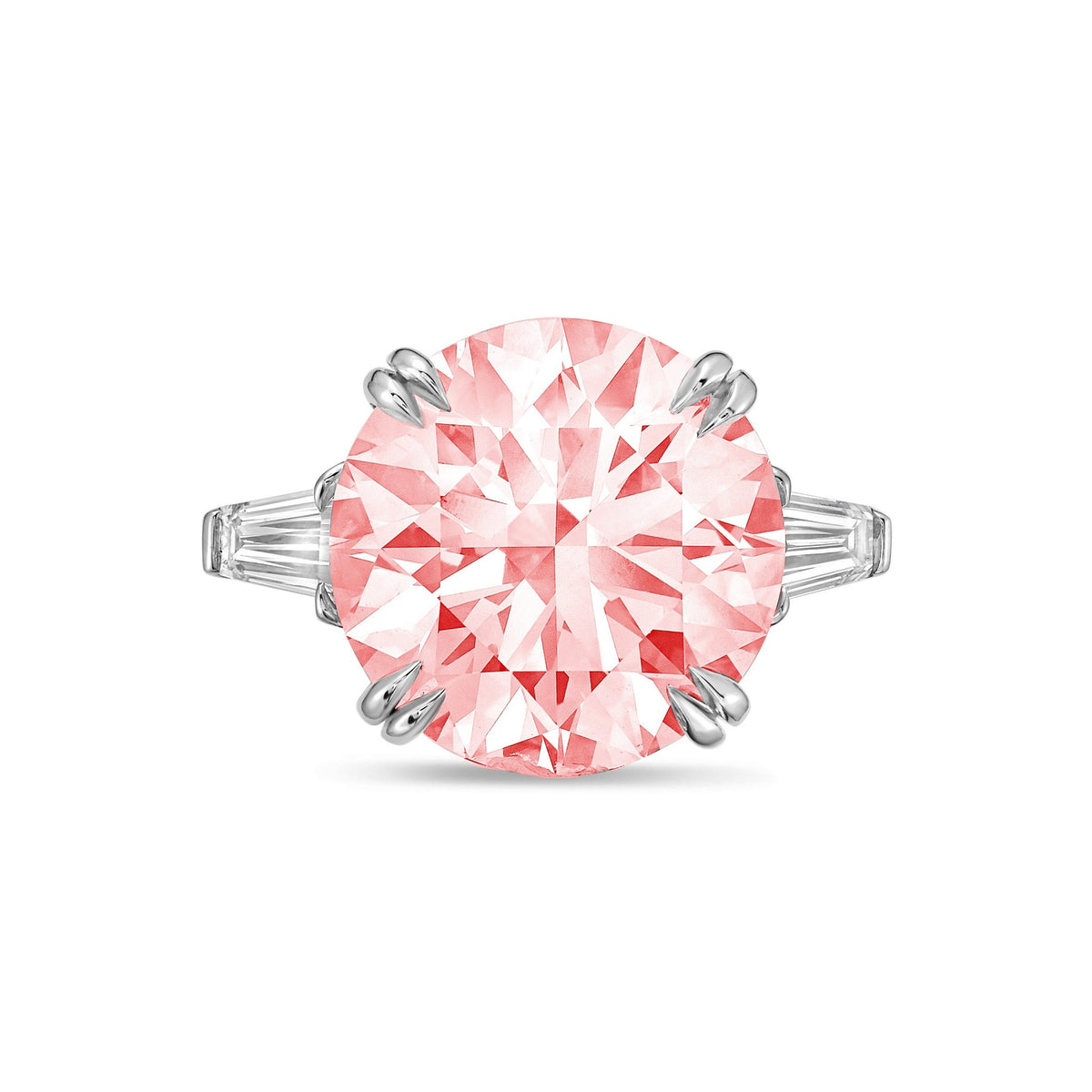 Lab-Grown Pink Round Diamond Ring with Baguettes, Double Claw in 14K White Gold