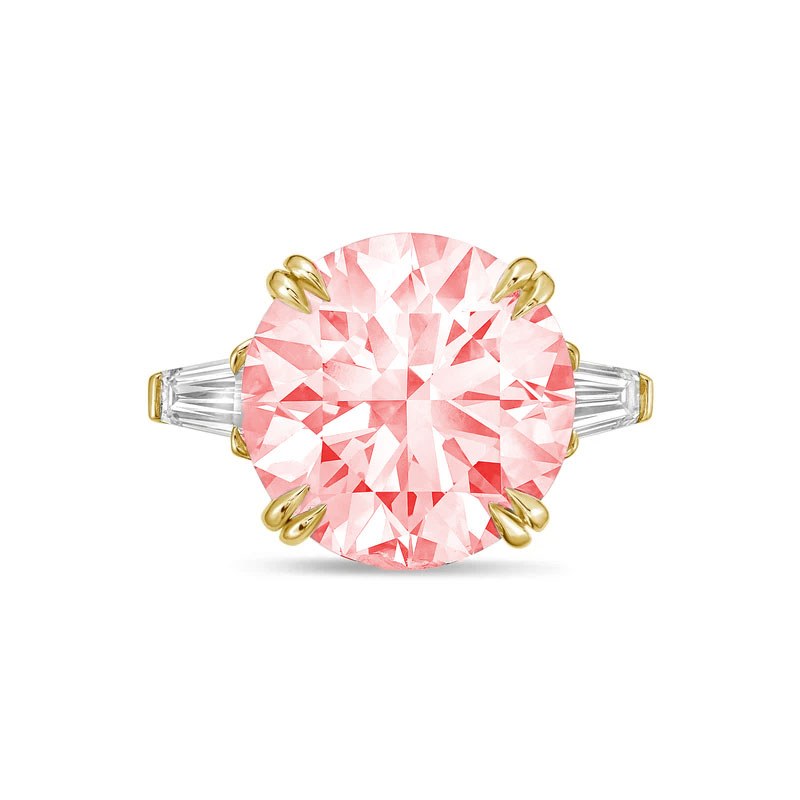 Lab-Grown Pink Round Diamond Ring with Baguettes, Double Claw in 14K Yellow Gold