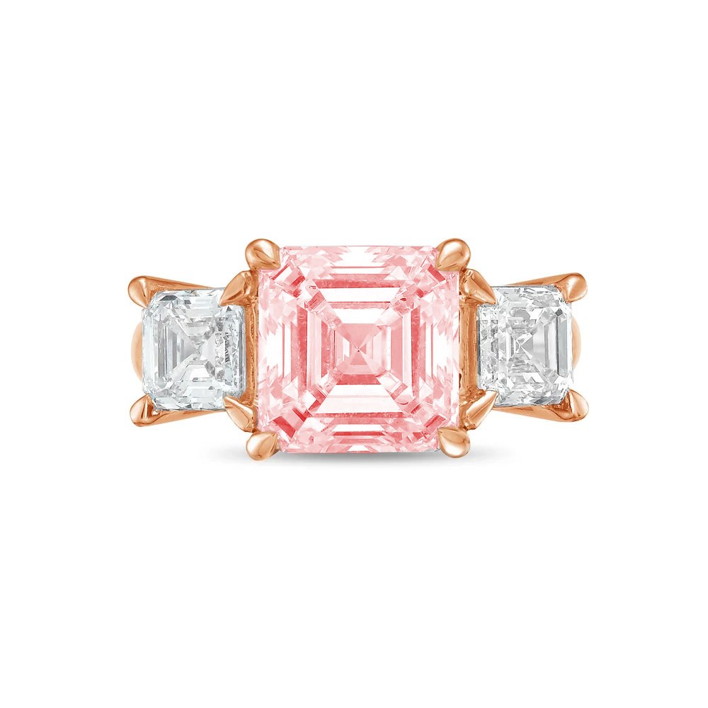 Lab-Grown Pink Three-Stone Asscher Diamond Engagement Ring in 14K Rose Gold
