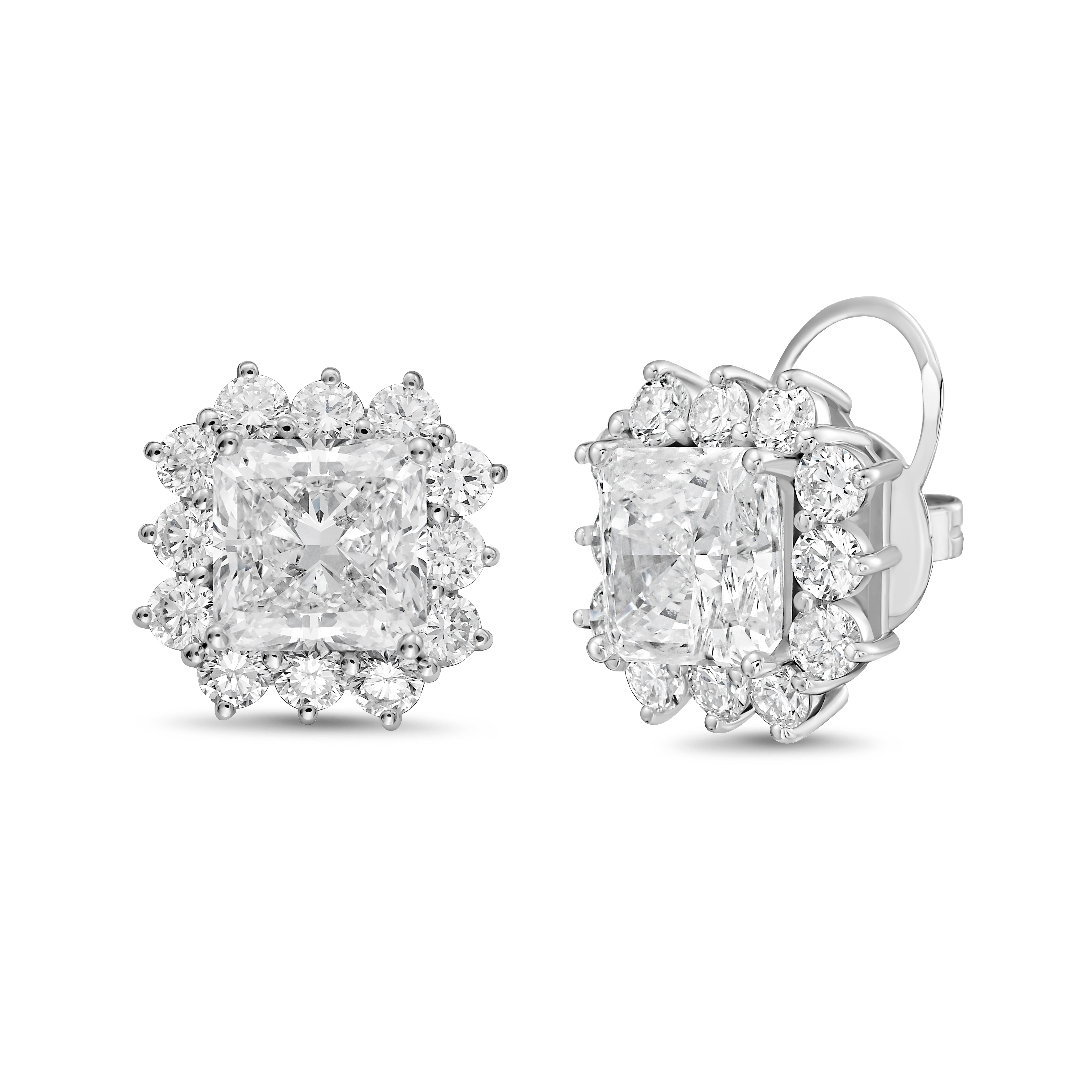 Side view of 14k white gold radiant cut diamond sunburst halo earrings showing post detail