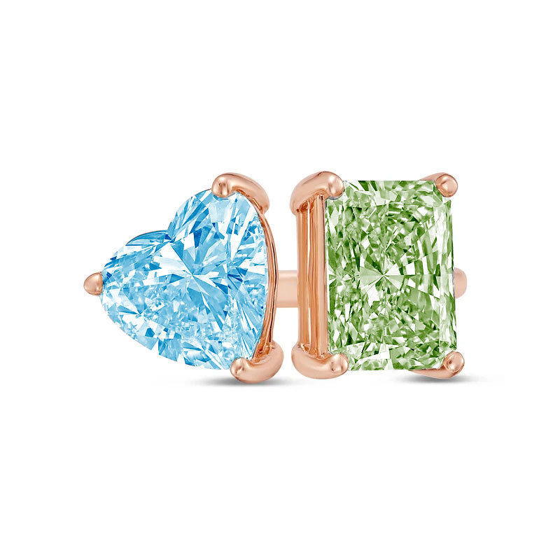 Lab-Grown Toi et Moi Ring with Blue Heart and Green Radiant Diamonds in 14K Rose Gold