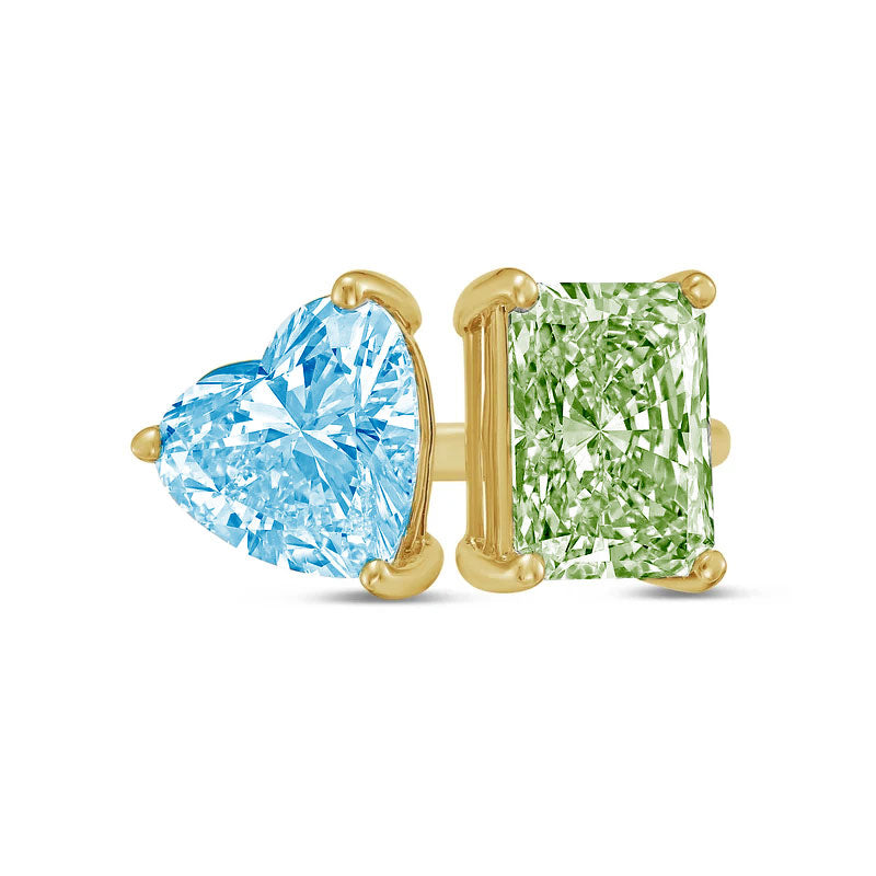 Lab-Grown Toi et Moi Ring with Blue Heart and Green Radiant Diamonds in 14K Yellow Gold