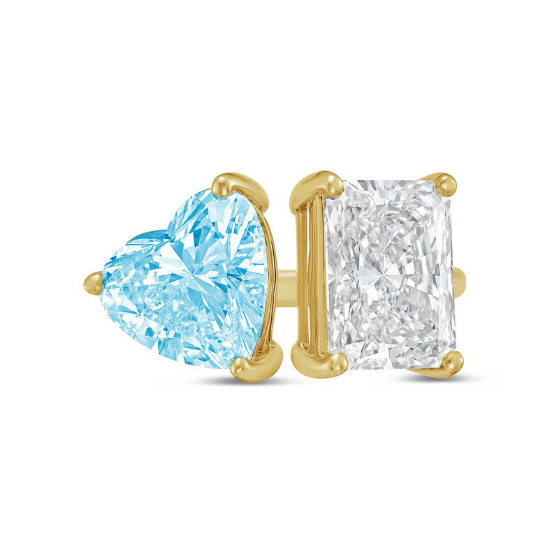 Lab-Grown Toi et Moi Ring with Blue Heart and White Radiant Diamonds in 14K Yellow Gold