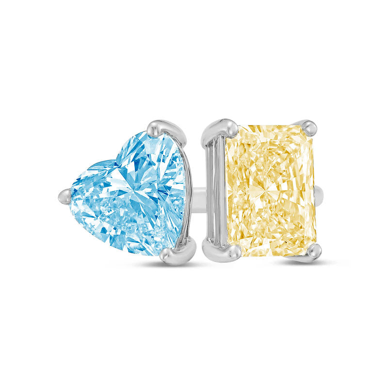Lab-Grown Toi et Moi Ring with Blue Heart and Yellow Radiant Diamonds in 14K White Gold