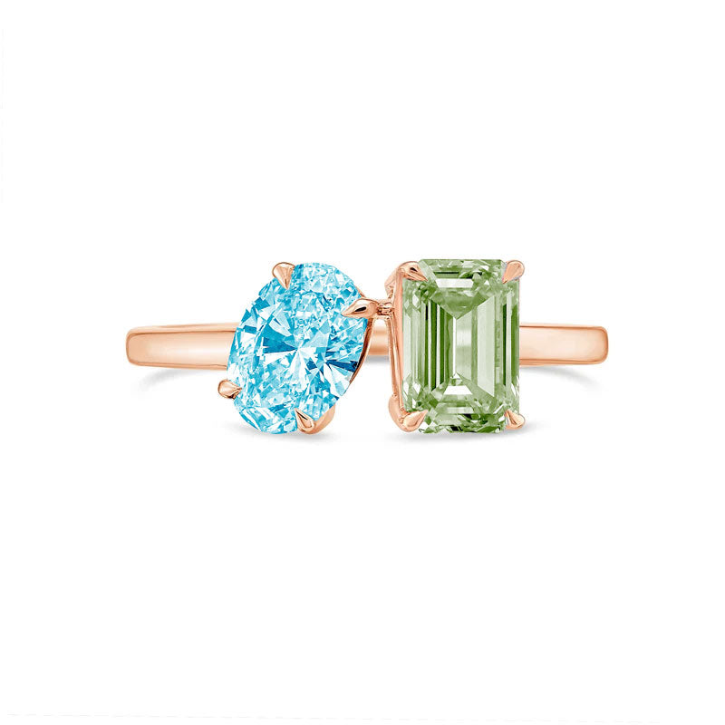 Lab-Grown Toi et Moi Ring with Blue Oval and Green Emerald Diamonds in 14K Rose Gold