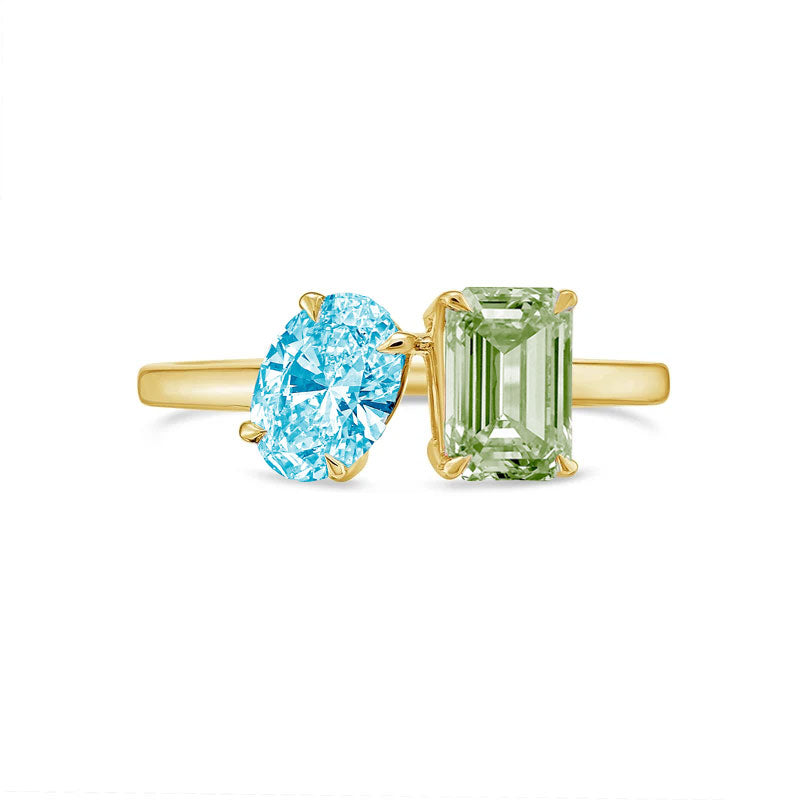 Lab-Grown Toi et Moi Ring with Blue Oval and Green Emerald Diamonds in 14K Yellow Gold