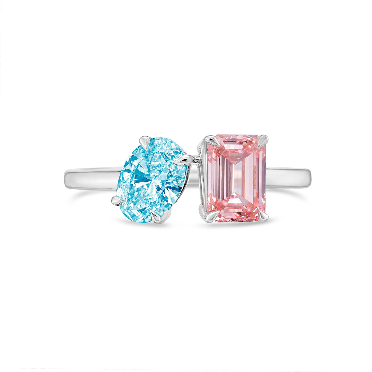 Lab-Grown Toi et Moi Ring with Blue Oval and Pink Emerald Diamonds in 14K White Gold