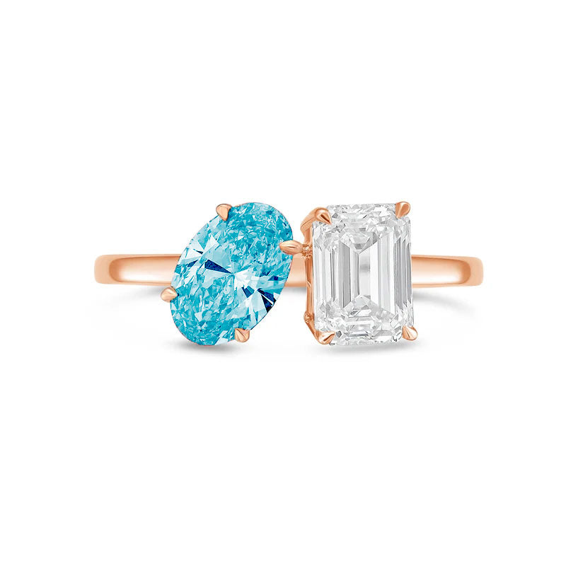 Lab-Grown Toi et Moi Ring with Blue Oval and White Emerald Diamonds in 14K Rose Gold