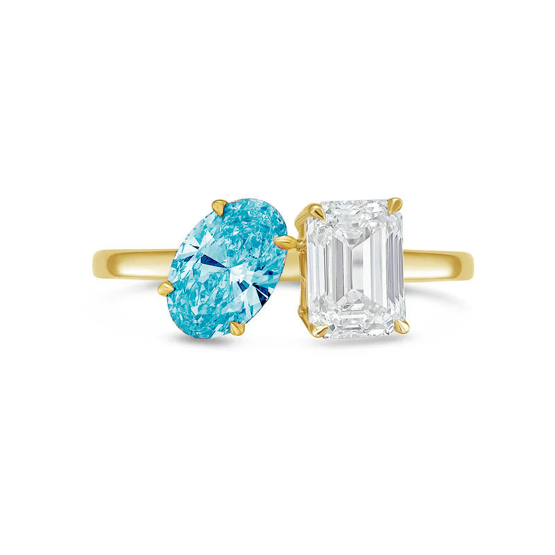 Lab-Grown Toi et Moi Ring with Blue Oval and White Emerald Diamonds in 14K Yellow Gold