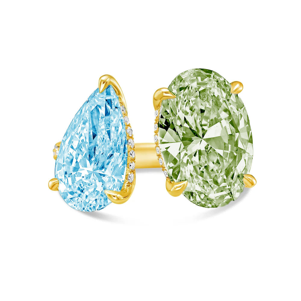 Lab-Grown Toi et Moi Ring with Blue Pear and Green Oval Diamonds in 14K Yellow Gold