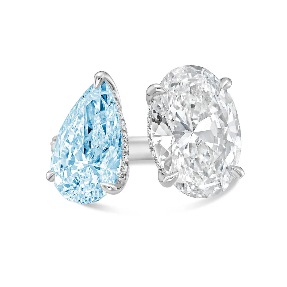 Lab-Grown Toi et Moi Ring with Blue Pear and White Oval Diamonds in 14K White Gold