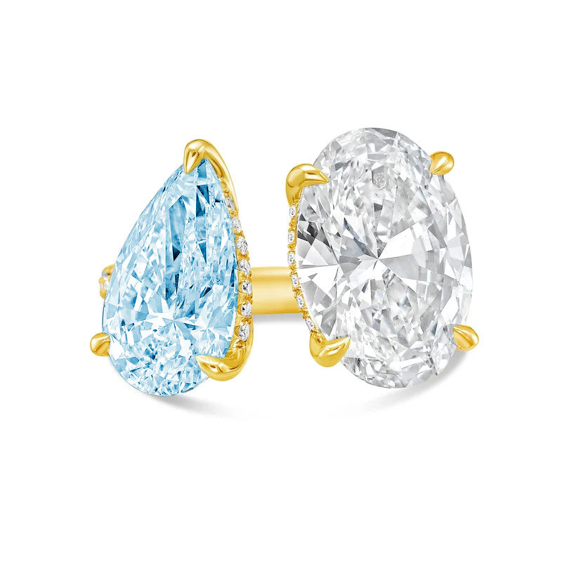Lab-Grown Toi et Moi Ring with Blue Pear and White Oval Diamonds in 14K Yellow Gold