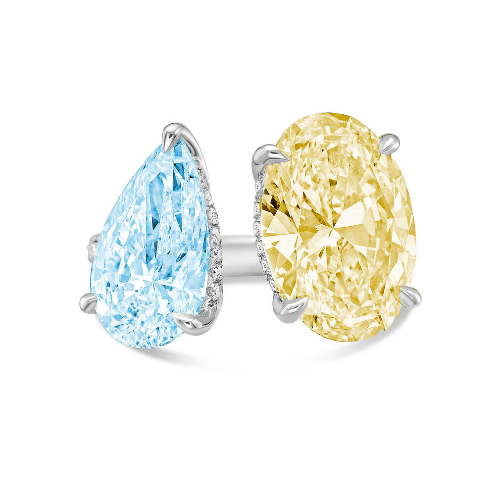 Lab-Grown Toi et Moi Ring with Blue Pear and Yellow Oval Diamonds in 14K White Gold