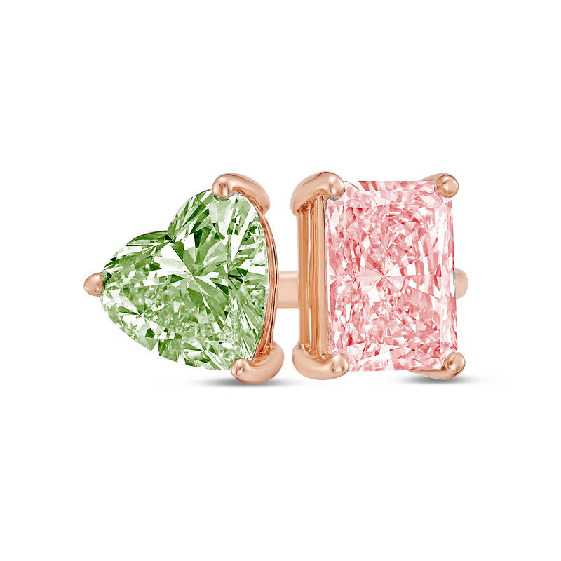 Lab-Grown Toi et Moi Ring with Green Heart and Pink Radiant Diamonds in 14K Rose Gold